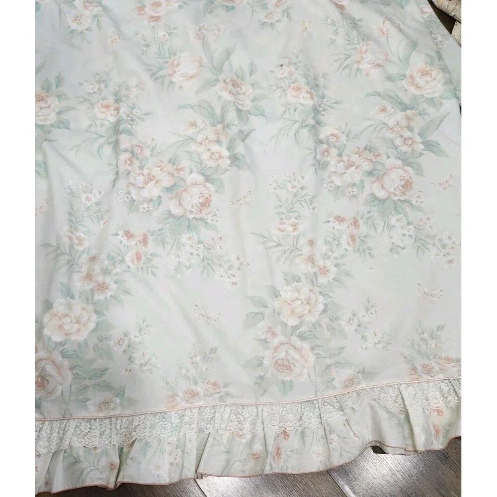 Vintage J.P. Stevens floral full flat sheet ruffle lace mint green 82x94